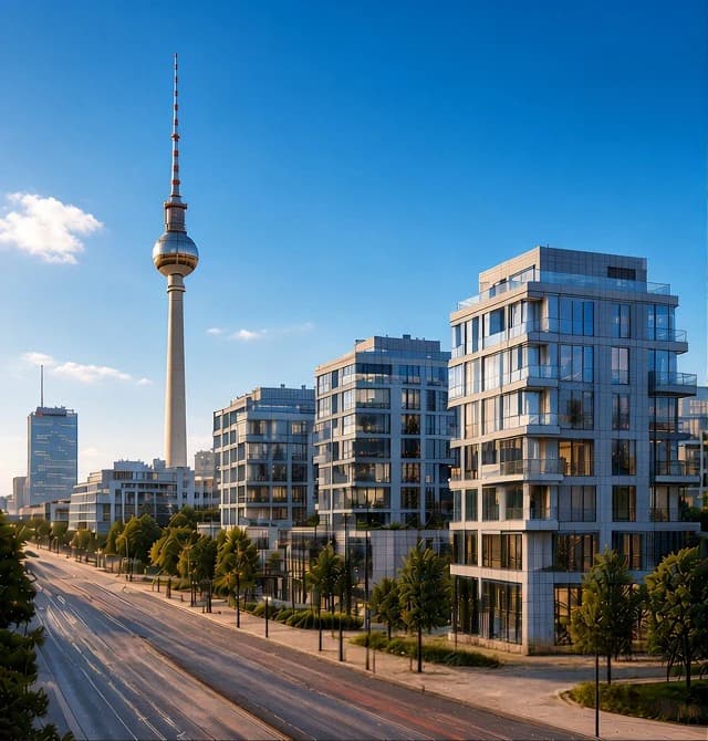 Moderne Wohnhäuser in Berlin mit Fernsehturm im Hintergrund